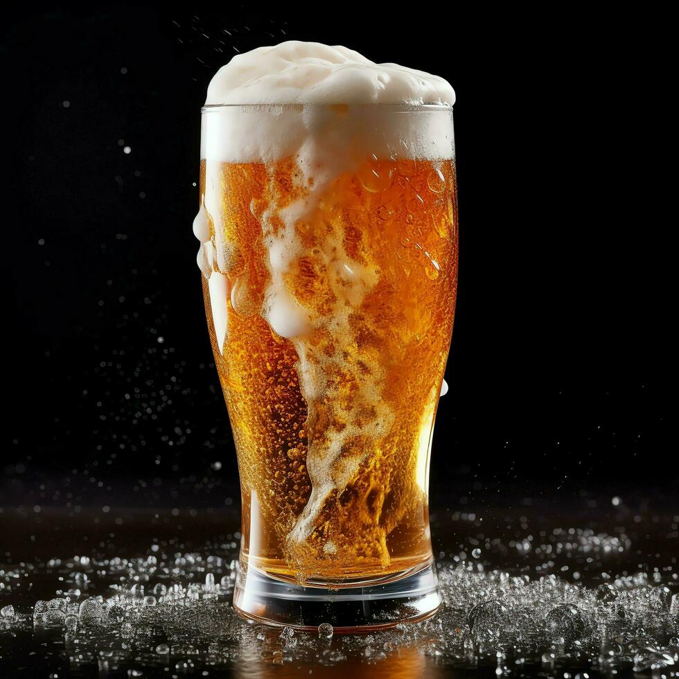 A glass of cold fresh beer with cap of foam. Splash of foam with tasty american beer. Beer day concept by AI Generated photo