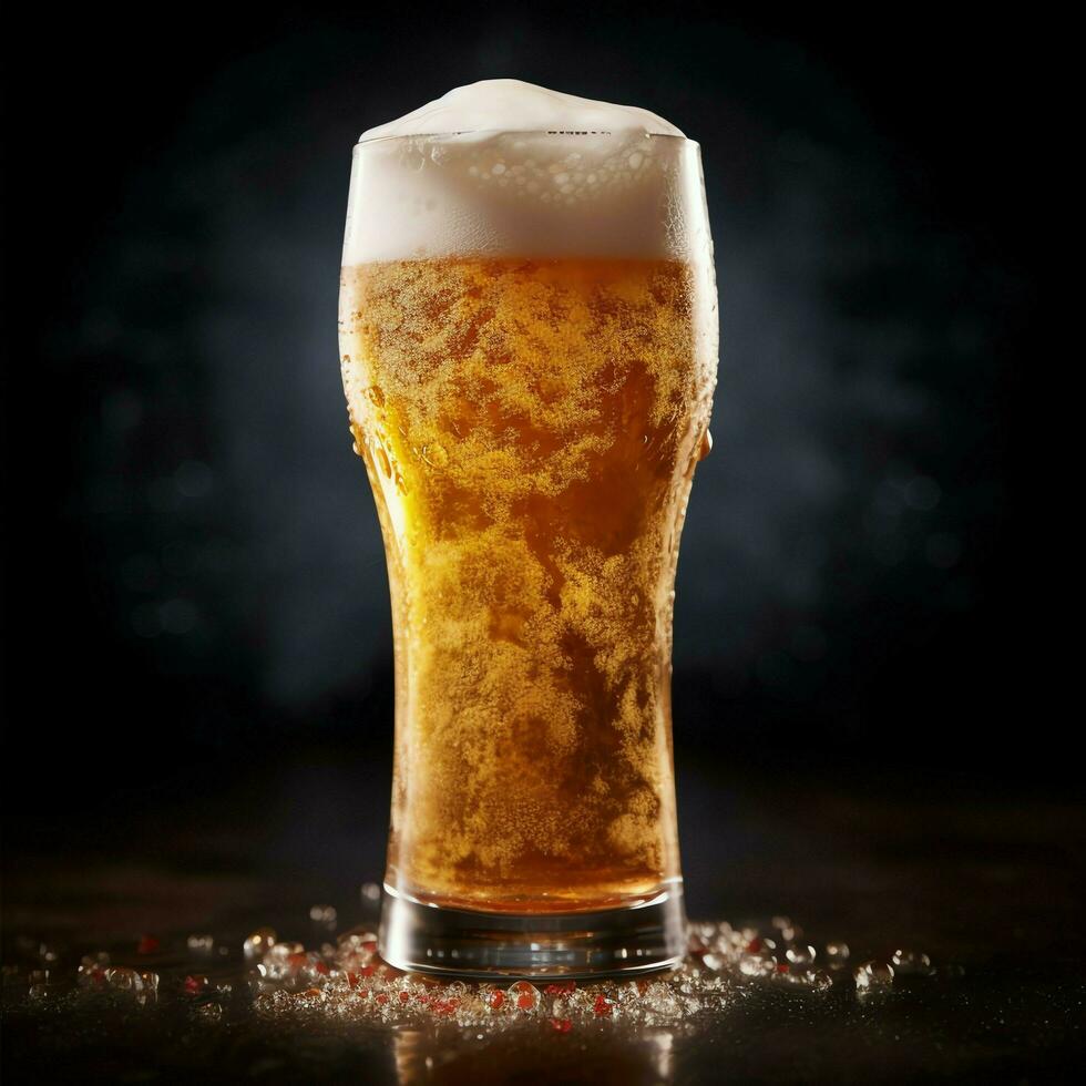 A glass of cold fresh beer with cap of foam. Splash of foam with tasty american beer. Beer day concept by AI Generated photo