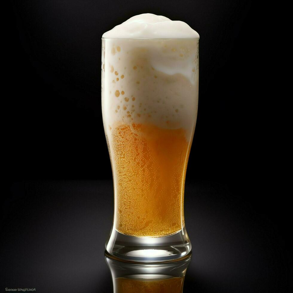 A glass of cold fresh beer with cap of foam. Splash of foam with tasty american beer. Beer day concept by AI Generated photo