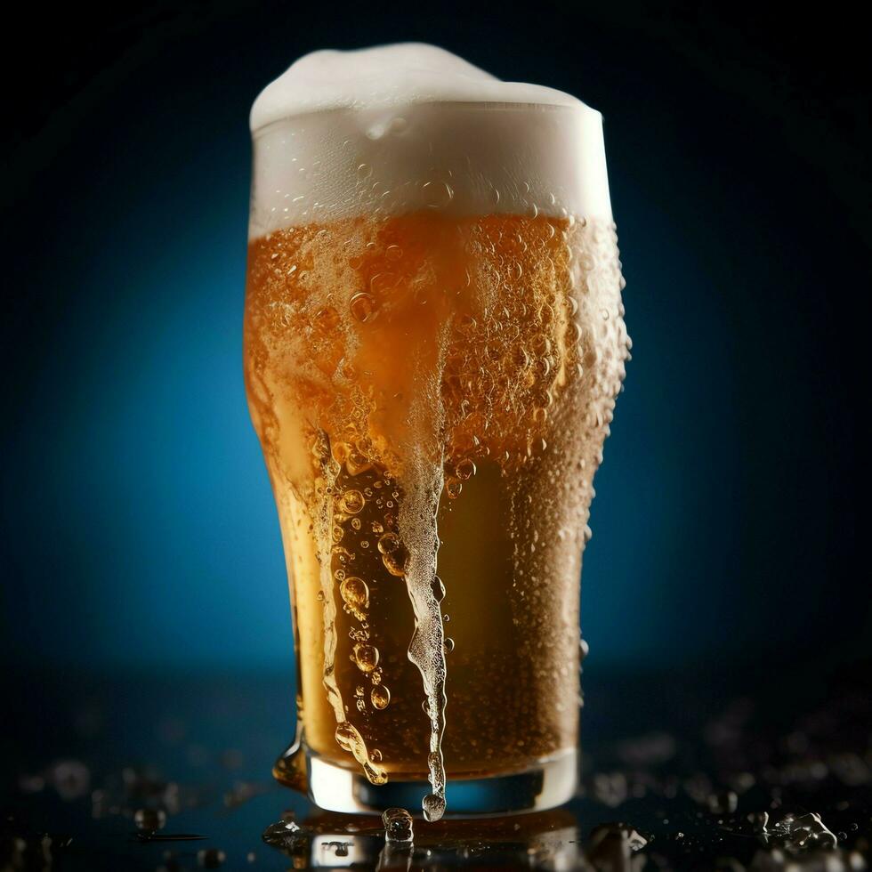 A glass of cold fresh beer with cap of foam. Splash of foam with tasty american beer. Beer day concept by AI Generated photo