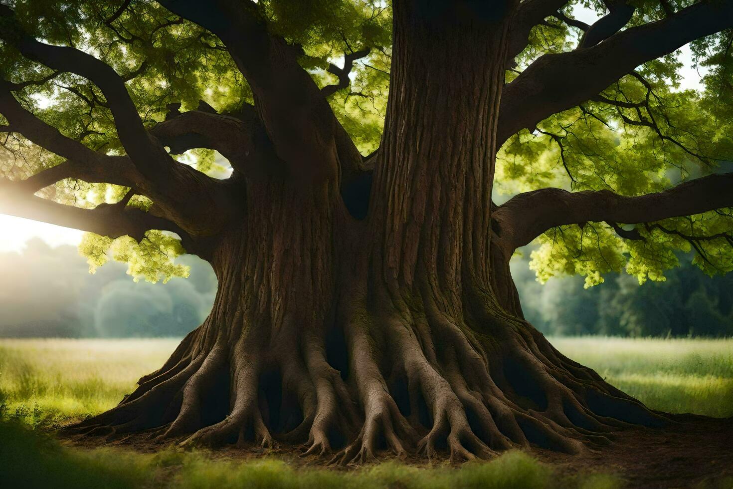 the sun shines through the roots of a large tree. AI-Generated photo