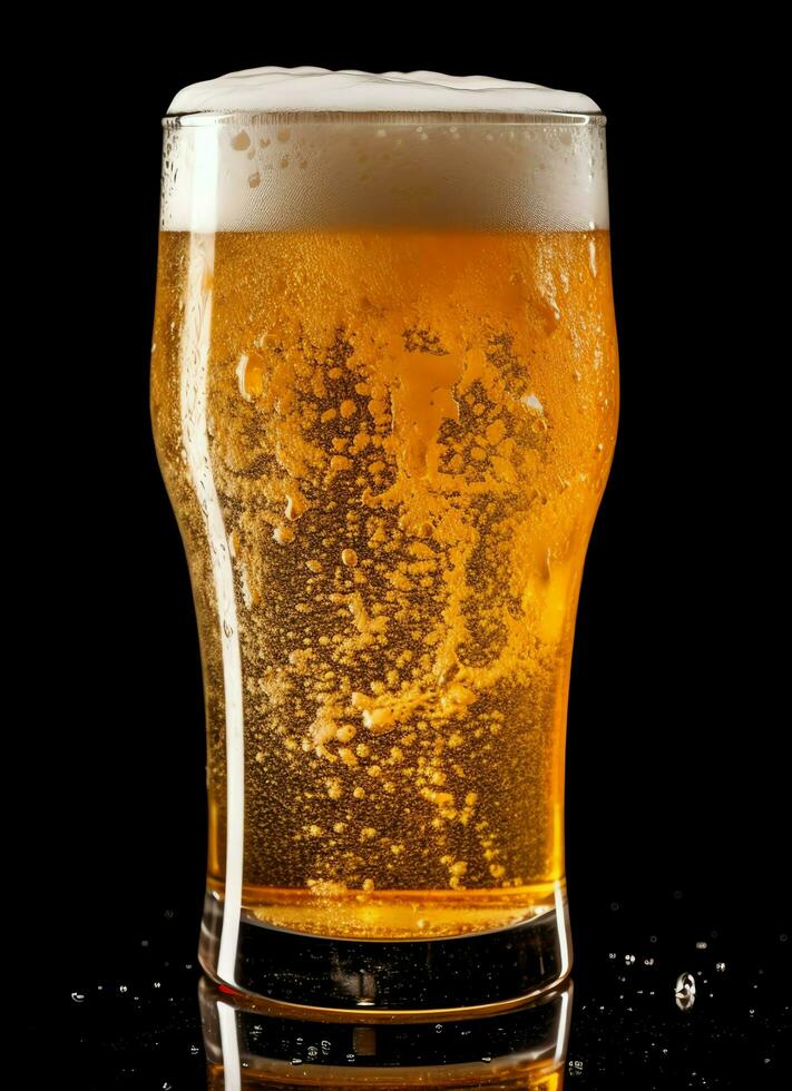 A glass of cold fresh beer with cap of foam. Splash of foam with tasty american beer. Beer day concept by AI Generated photo