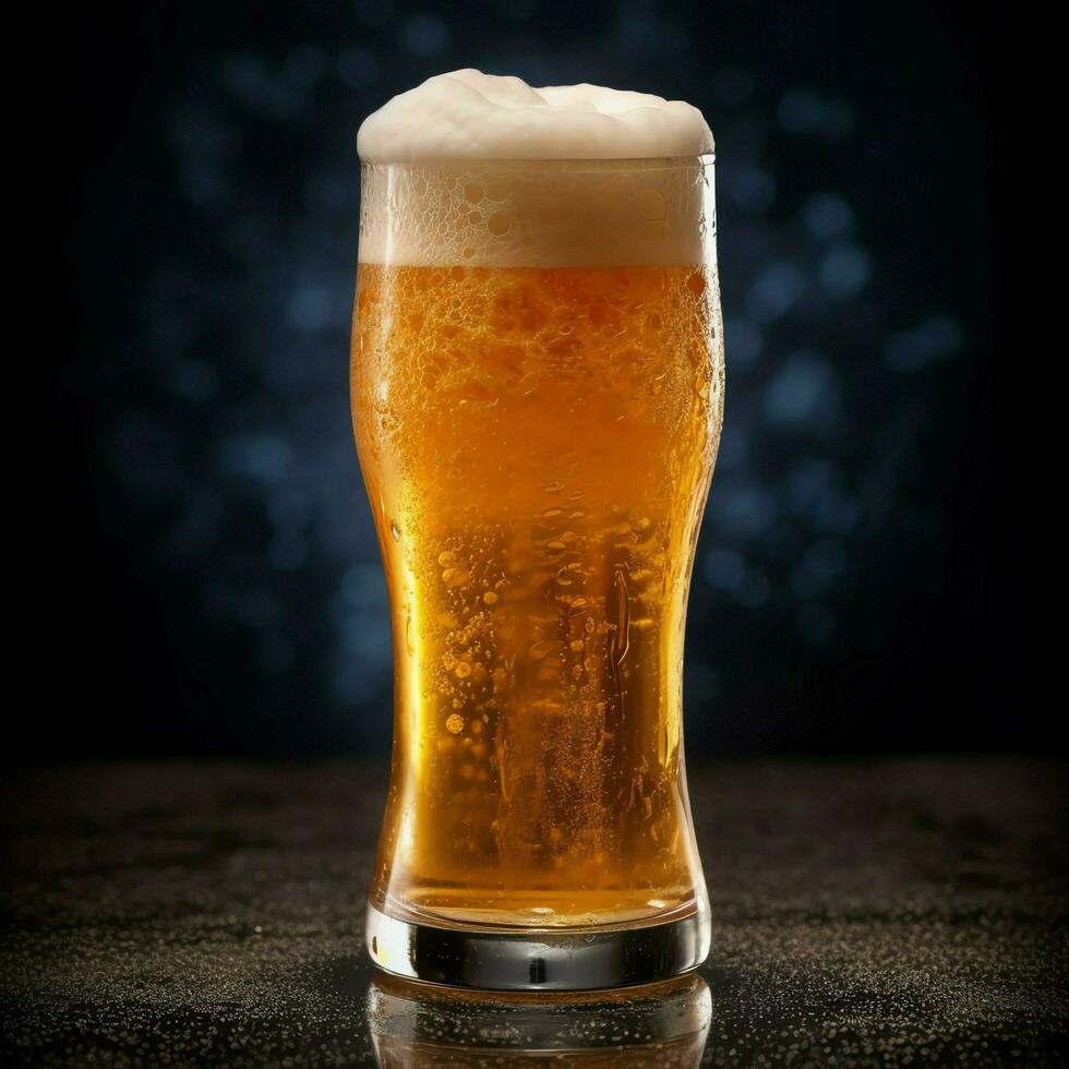 A glass of cold fresh beer with cap of foam. Splash of foam with tasty american beer. Beer day concept by AI Generated photo