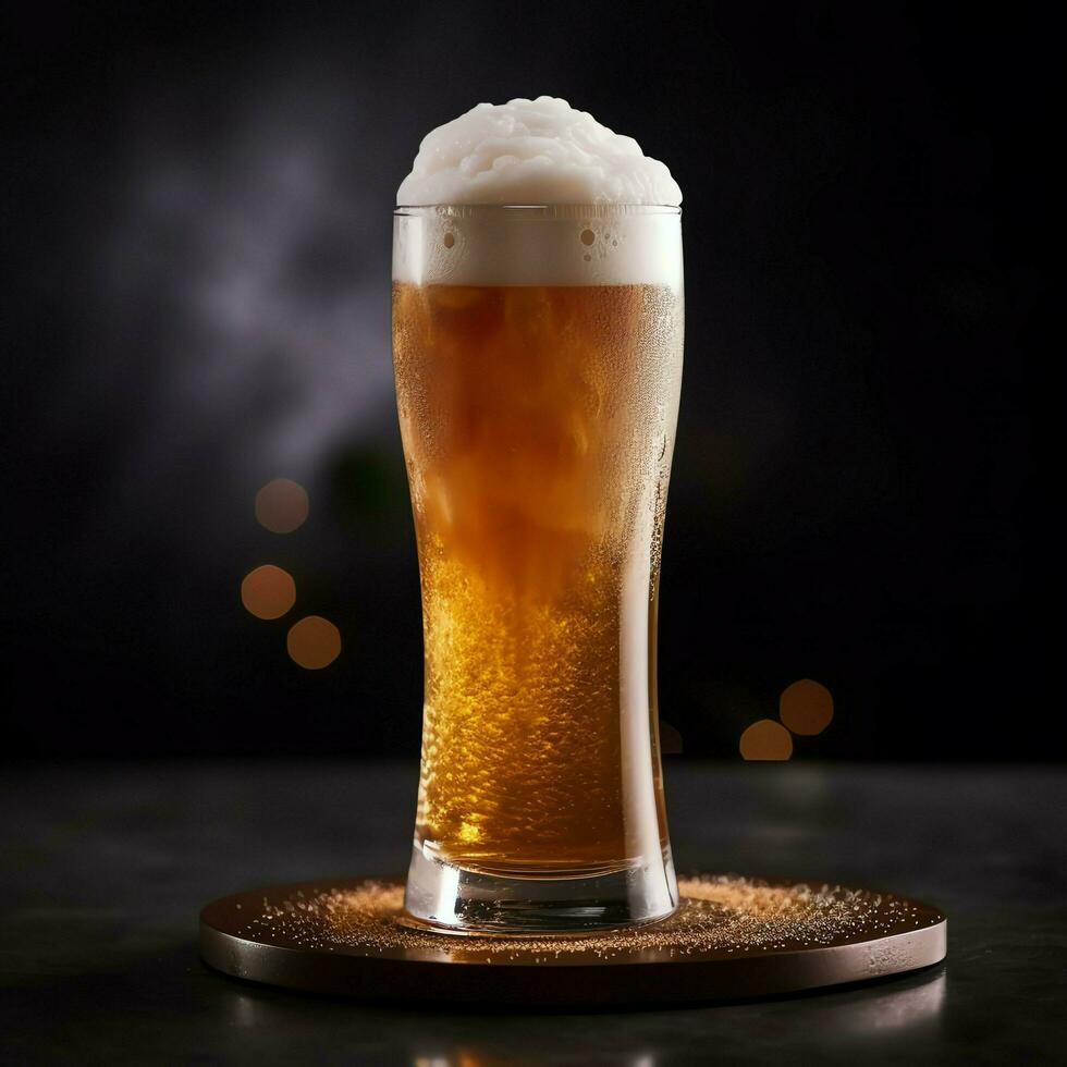 A glass of cold fresh beer with cap of foam. Splash of foam with tasty american beer. Beer day concept by AI Generated photo