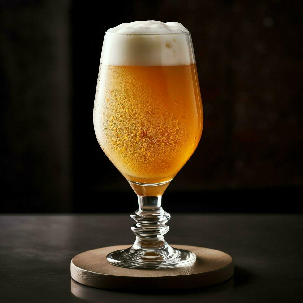 A glass of cold fresh beer with cap of foam. Splash of foam with tasty american beer. Beer day concept by AI Generated photo