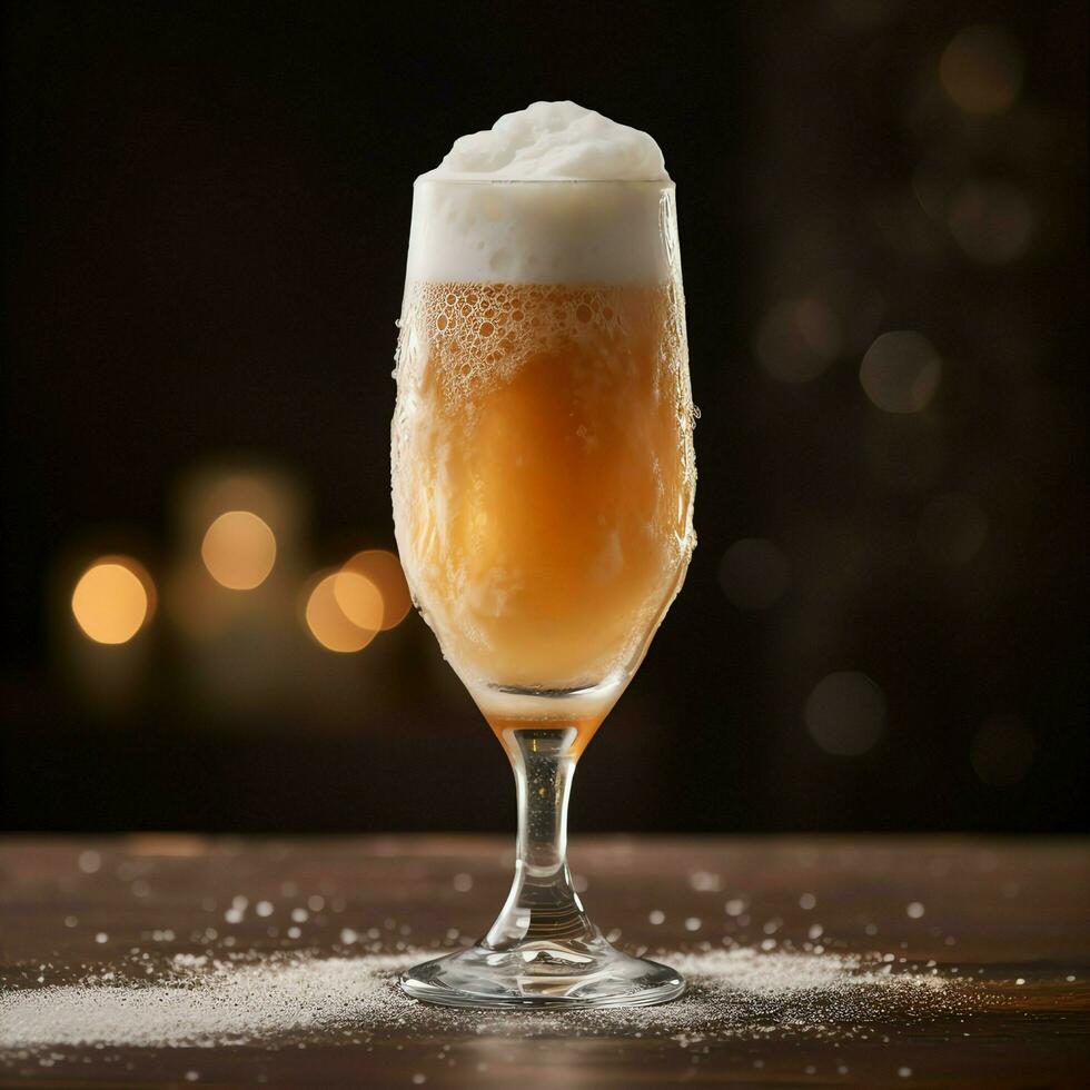 A glass of cold fresh beer with cap of foam. Splash of foam with tasty american beer. Beer day concept by AI Generated photo