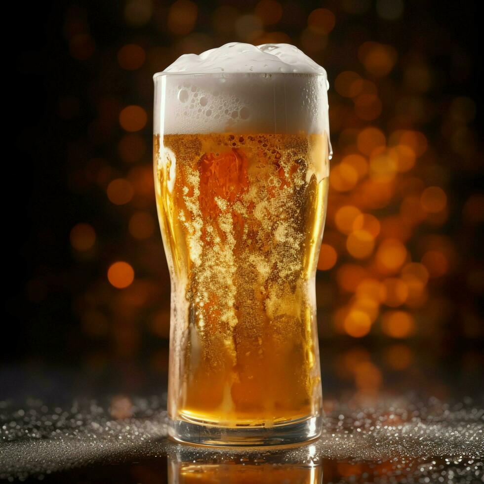 A glass of cold fresh beer with cap of foam. Splash of foam with tasty american beer. Beer day concept by AI Generated photo