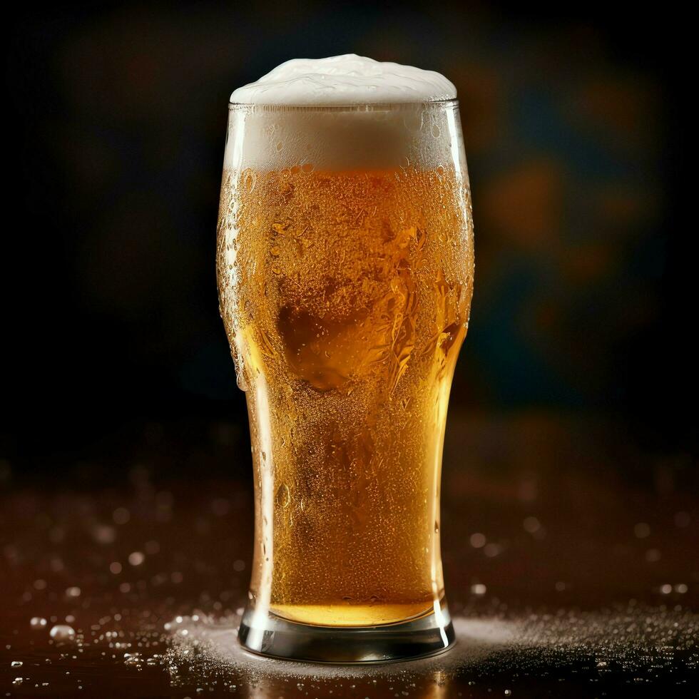 A glass of cold fresh beer with cap of foam. Splash of foam with tasty american beer. Beer day concept by AI Generated photo