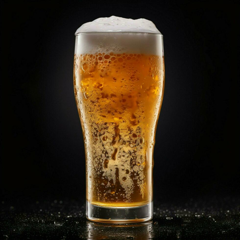 A glass of cold fresh beer with cap of foam. Splash of foam with tasty american beer. Beer day concept by AI Generated photo