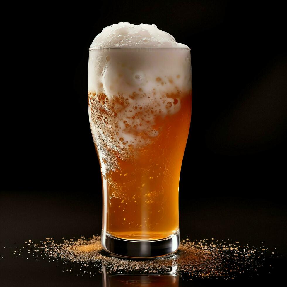 A glass of cold fresh beer with cap of foam. Splash of foam with tasty american beer. Beer day concept by AI Generated photo