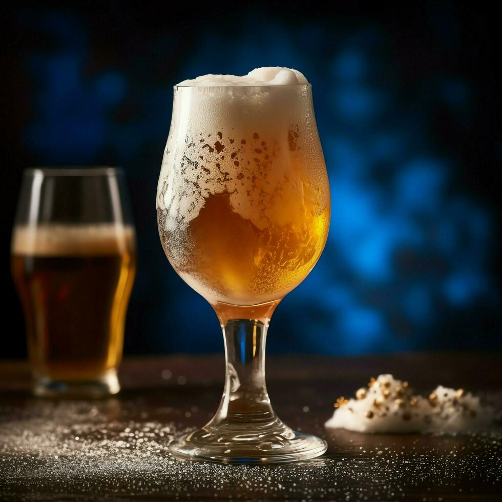 A glass of cold fresh beer with cap of foam. Splash of foam with tasty american beer. Beer day concept by AI Generated photo