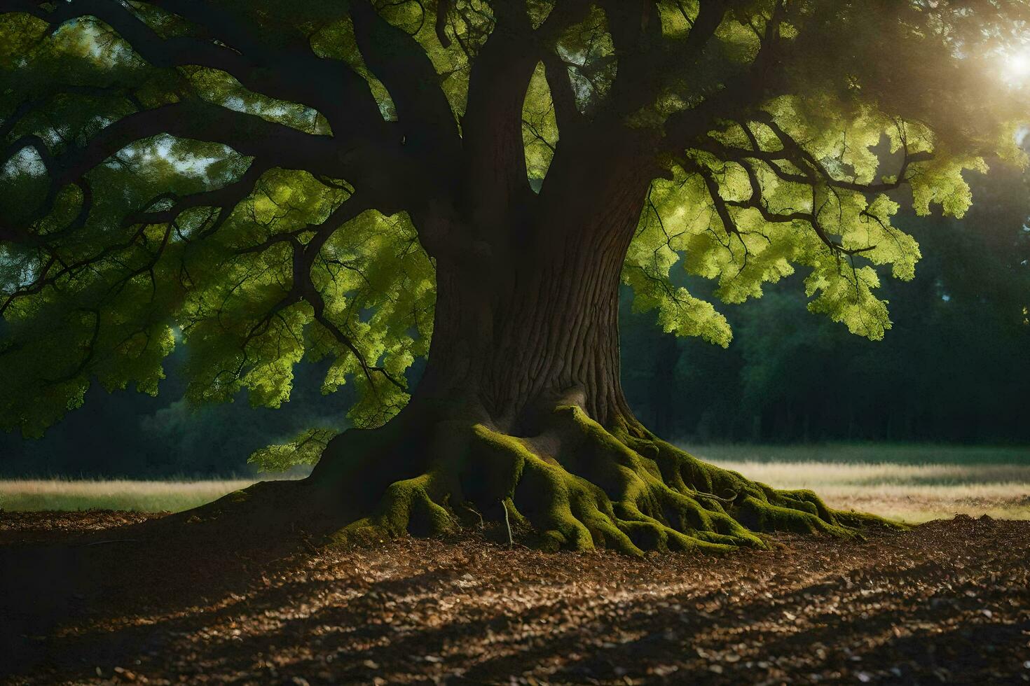 the sun shines through the leaves of an old oak tree. AI-Generated photo