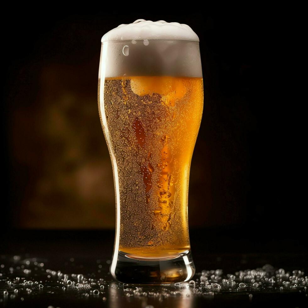 A glass of cold fresh beer with cap of foam. Splash of foam with tasty american beer. Beer day concept by AI Generated photo