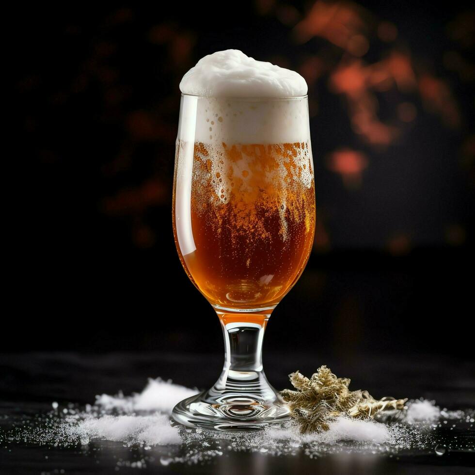 un vaso de frío Fresco cerveza con gorra de espuma. chapoteo de espuma con sabroso americano cerveza. cerveza día concepto por ai generado foto