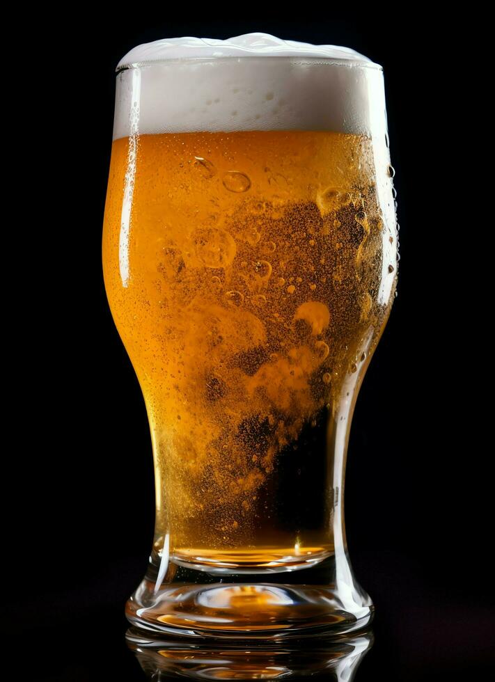 A glass of cold fresh beer with cap of foam. Splash of foam with tasty american beer. Beer day concept by AI Generated photo