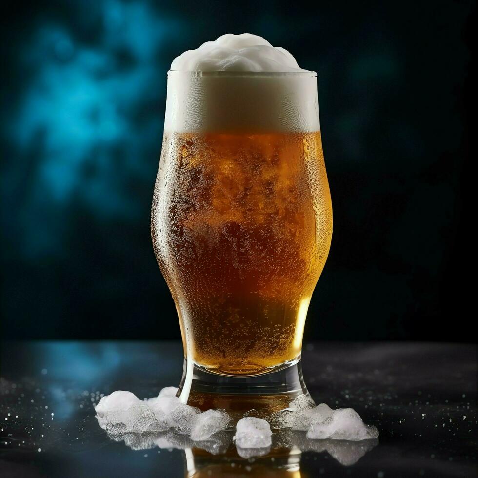 A glass of cold fresh beer with cap of foam. Splash of foam with tasty american beer. Beer day concept by AI Generated photo