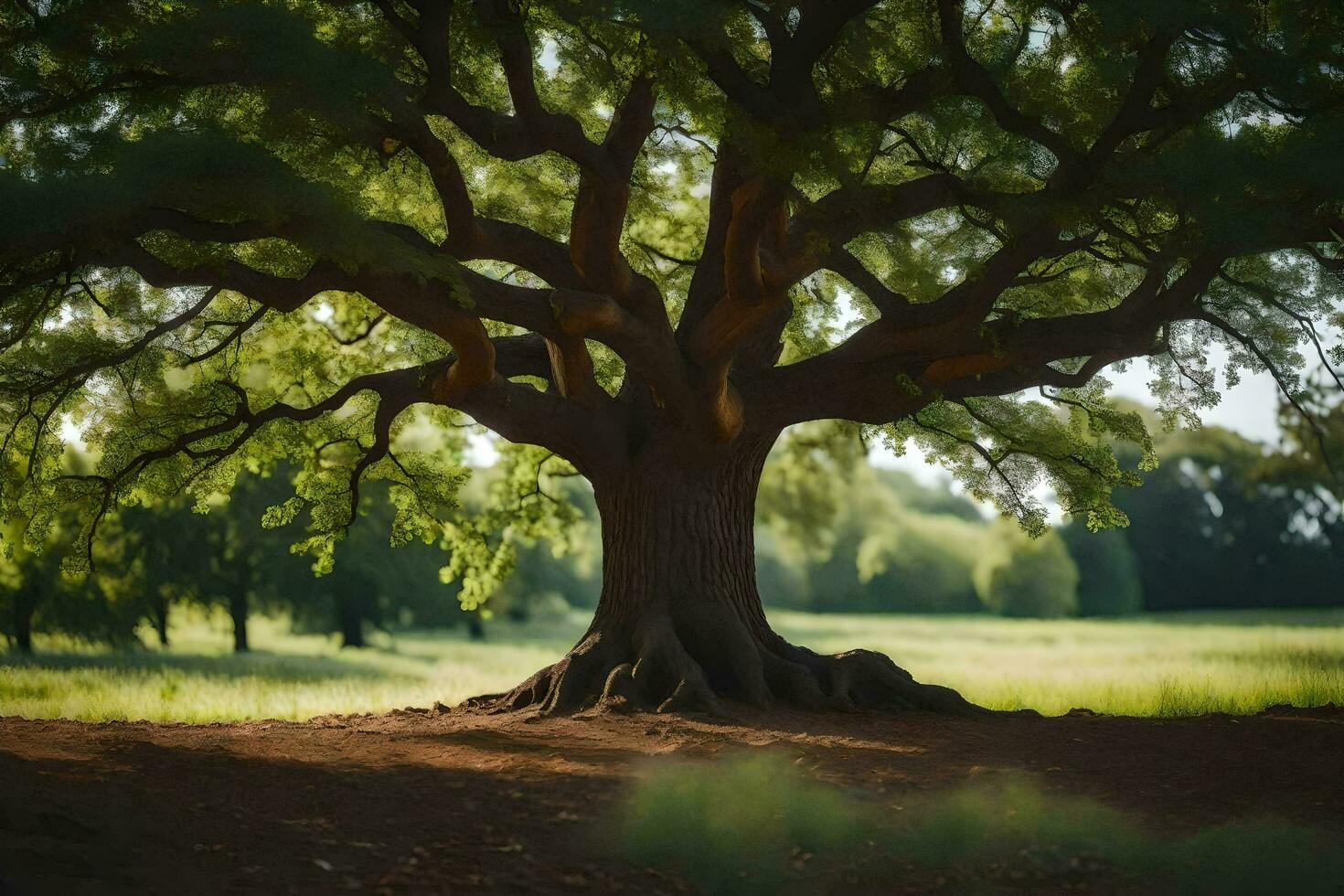 a large tree in the middle of a field. AI-Generated photo