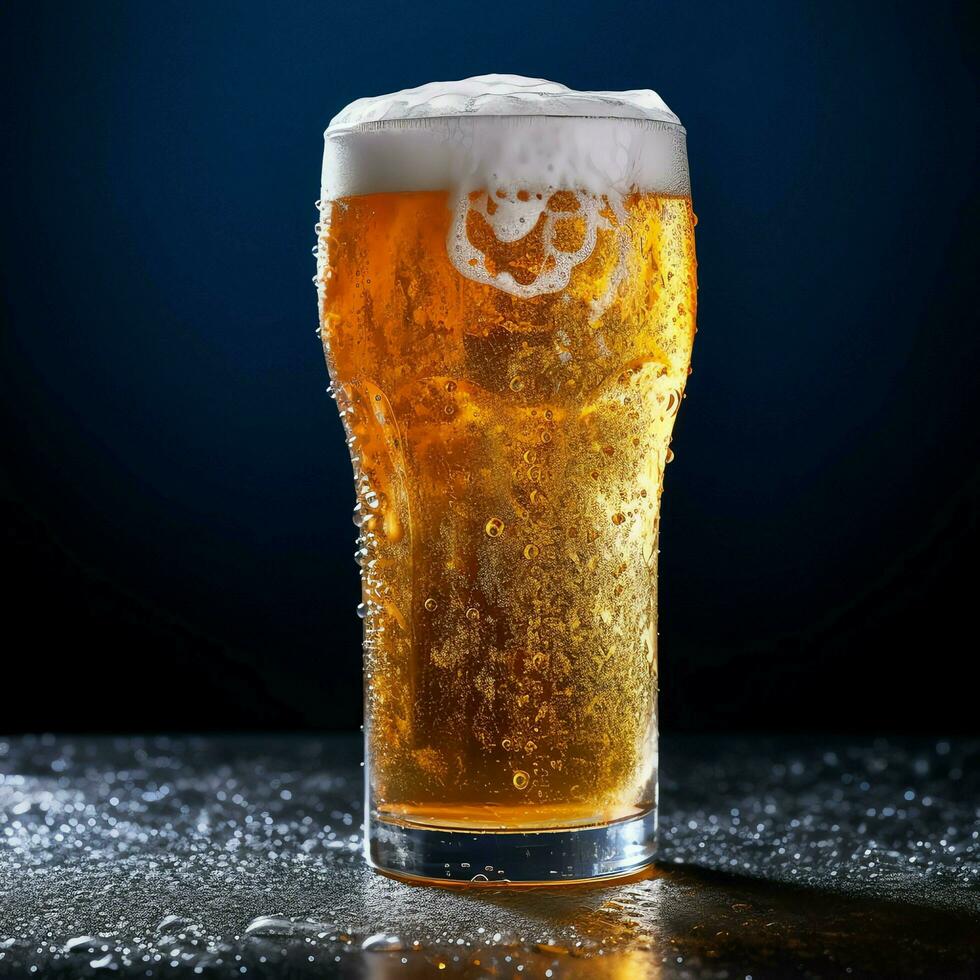 A glass of cold fresh beer with cap of foam. Splash of foam with tasty american beer. Beer day concept by AI Generated photo