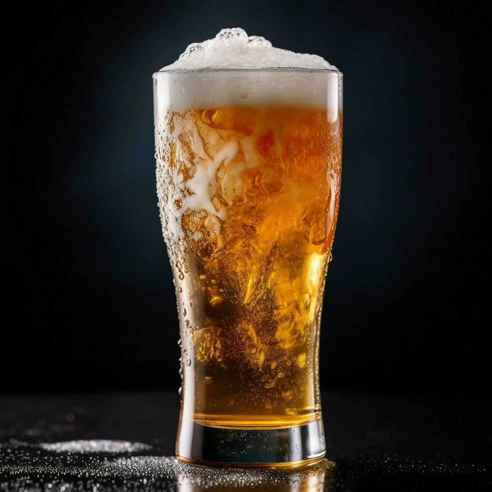 A glass of cold fresh beer with cap of foam. Splash of foam with tasty american beer. Beer day concept by AI Generated photo