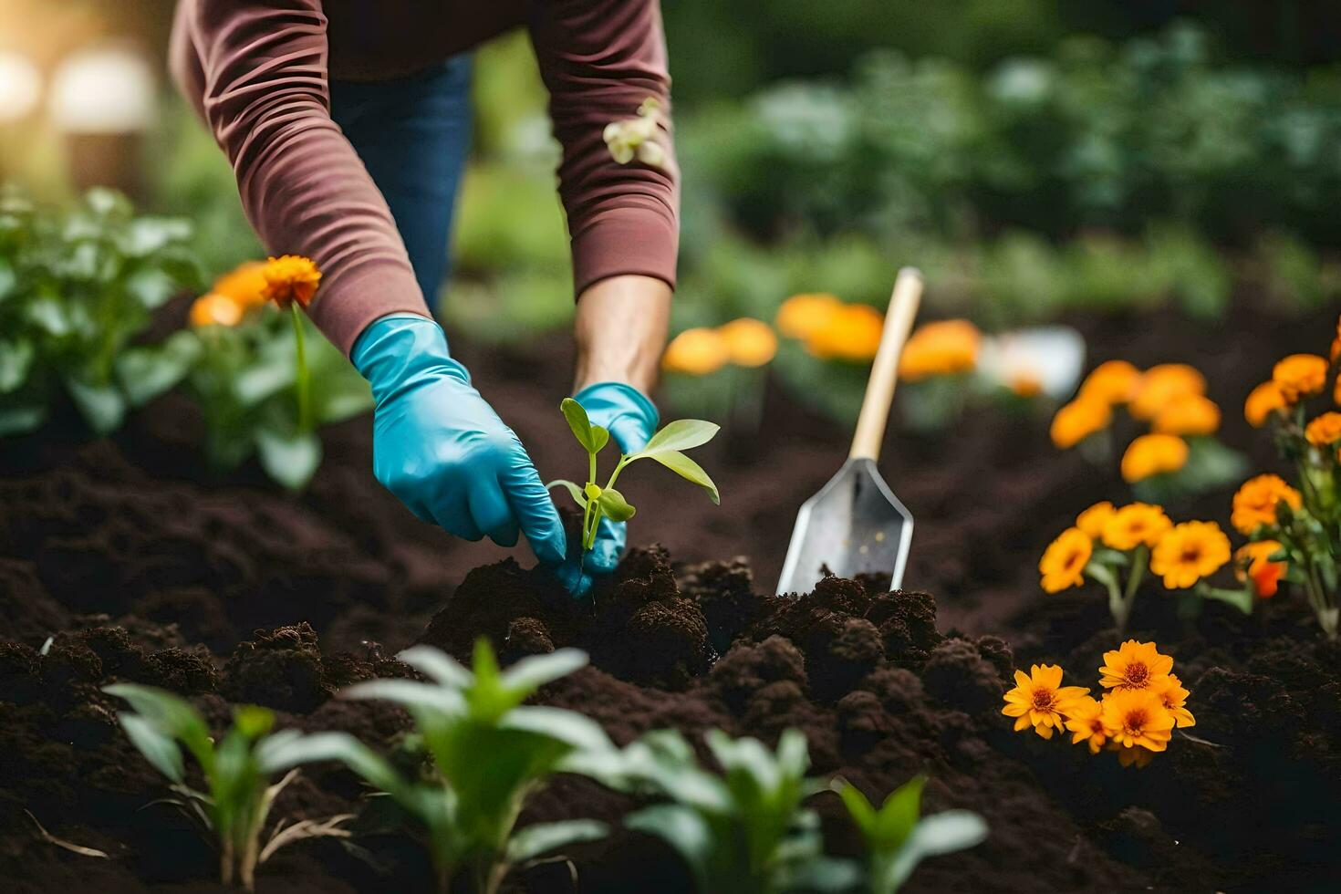 a woman in blue gloves is planting flowers in the garden. AI-Generated photo