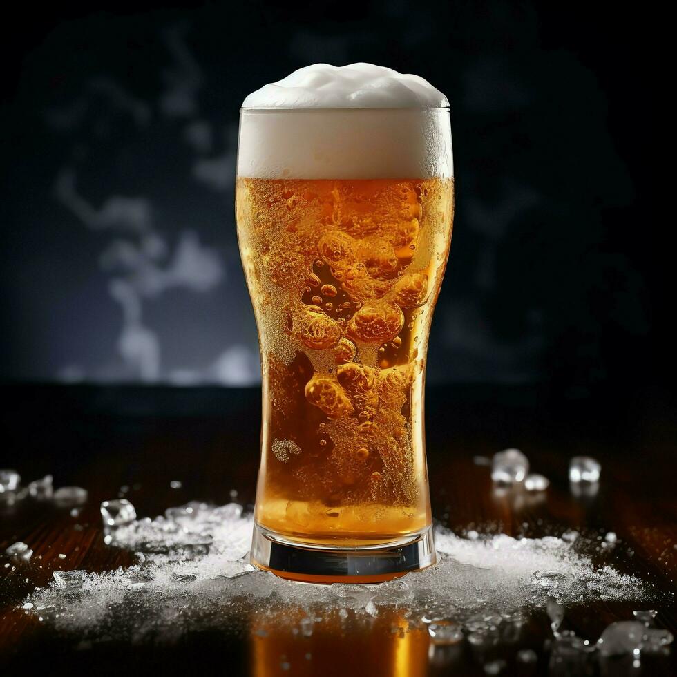 A glass of cold fresh beer with cap of foam. Splash of foam with tasty american beer. Beer day concept by AI Generated photo