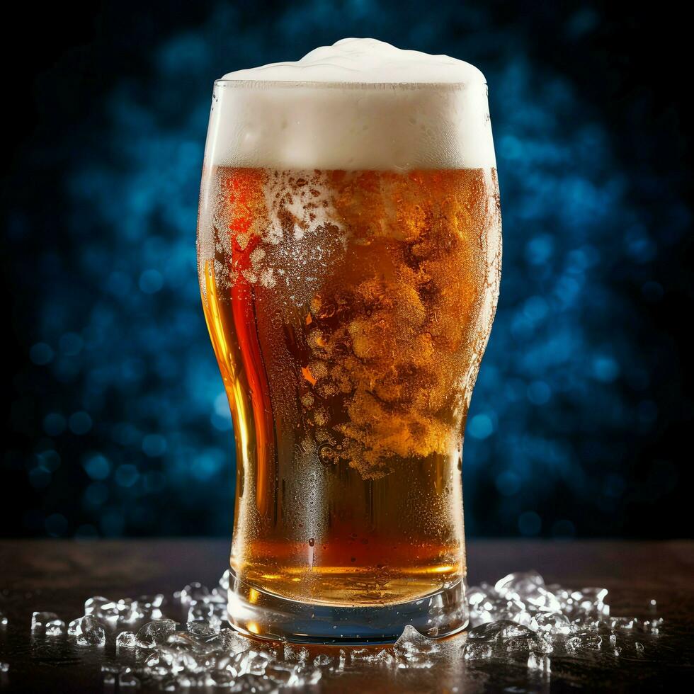 A glass of cold fresh beer with cap of foam. Splash of foam with tasty american beer. Beer day concept by AI Generated photo
