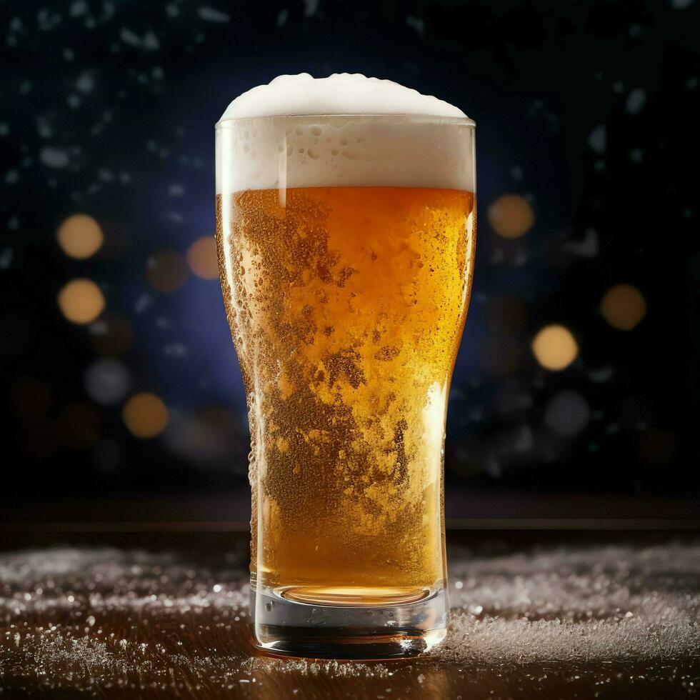 A glass of cold fresh beer with cap of foam. Splash of foam with tasty american beer. Beer day concept by AI Generated photo