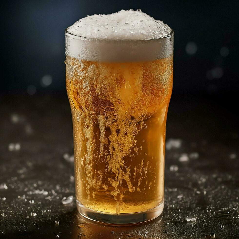 A glass of cold fresh beer with cap of foam. Splash of foam with tasty american beer. Beer day concept by AI Generated photo