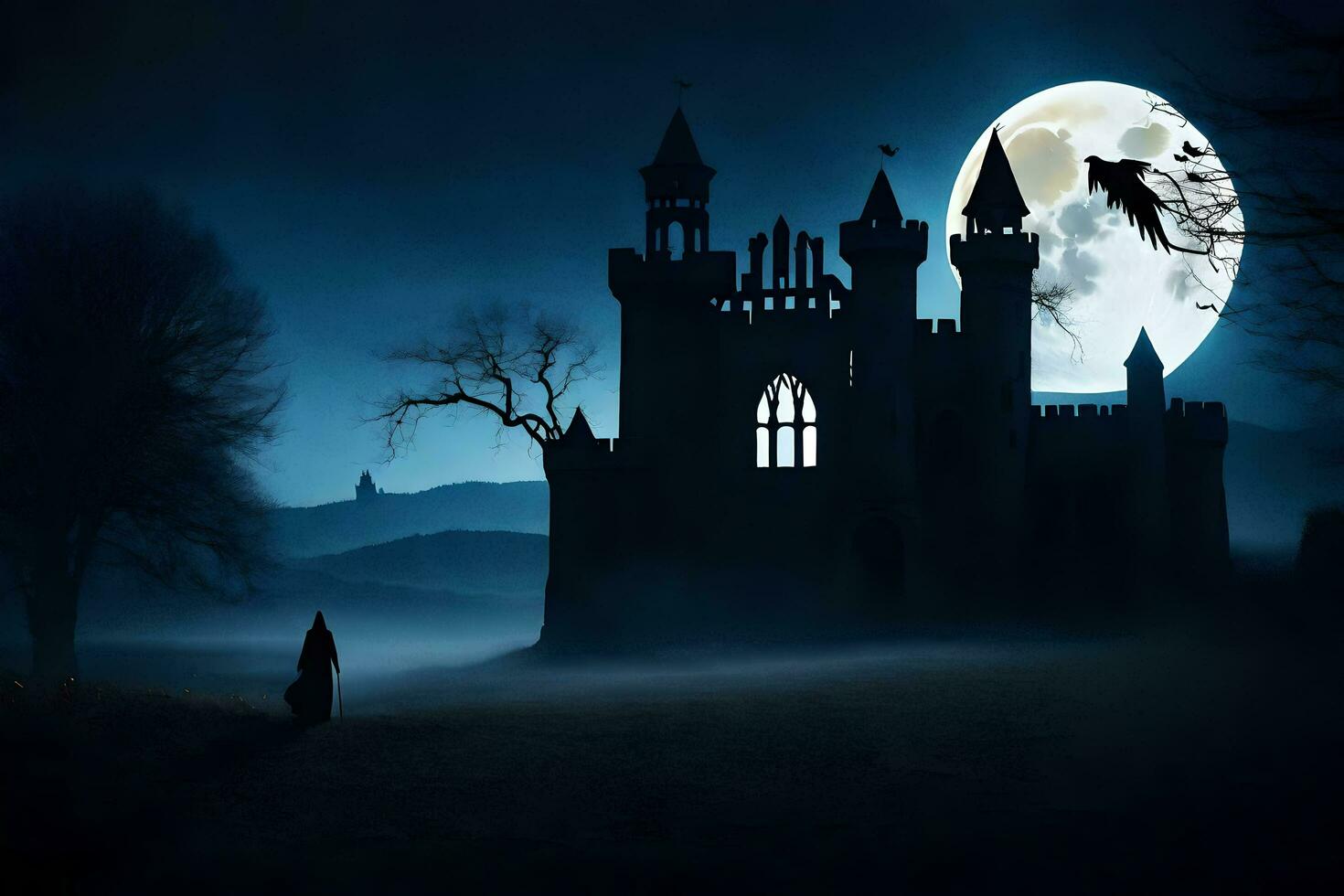 a castle in the dark with a full moon. AI-Generated photo