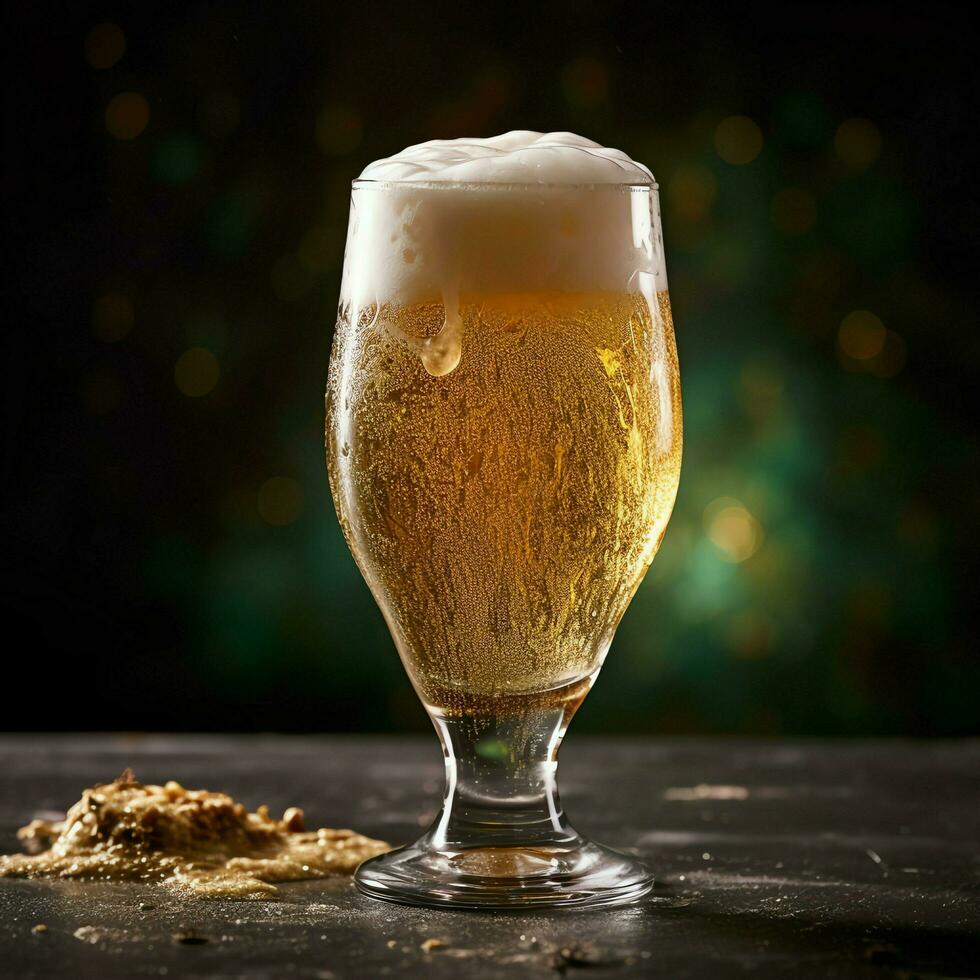 A glass of cold fresh beer with cap of foam. Splash of foam with tasty american beer. Beer day concept by AI Generated photo