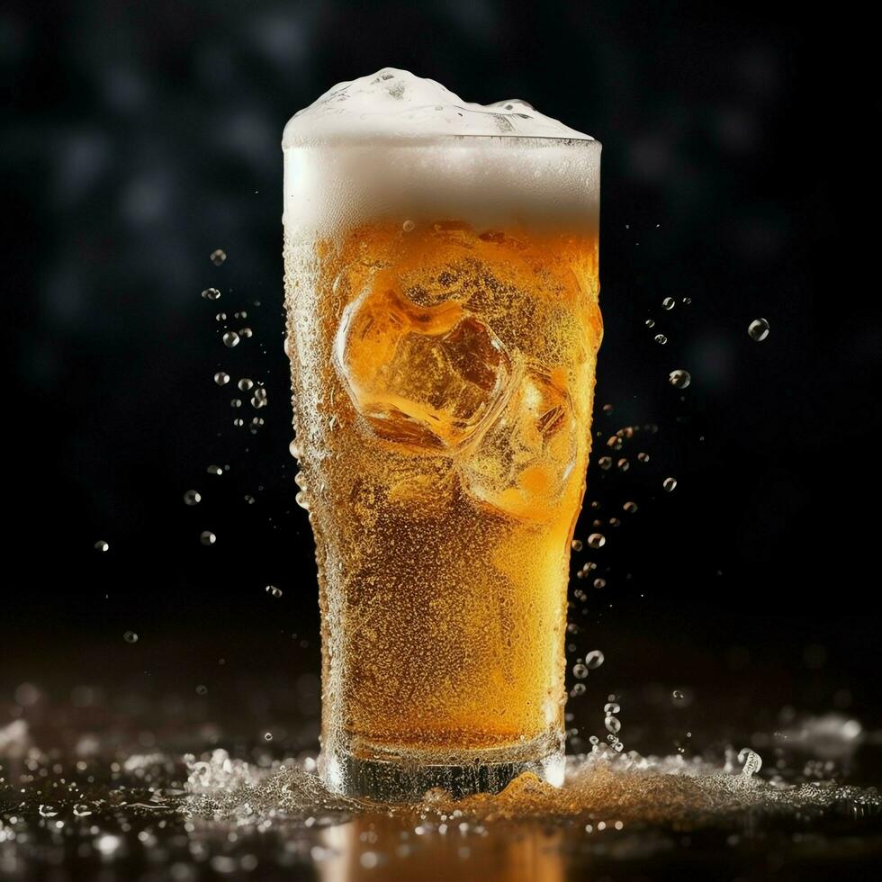 A glass of cold fresh beer with cap of foam. Splash of foam with tasty american beer. Beer day concept by AI Generated photo
