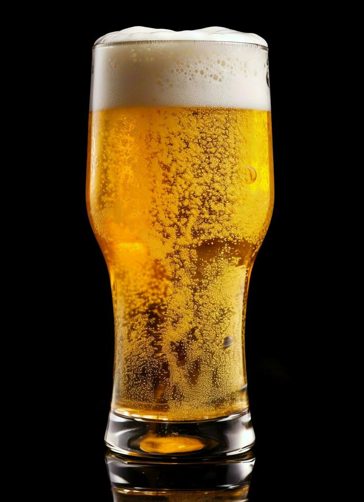 A glass of cold fresh beer with cap of foam. Splash of foam with tasty american beer. Beer day concept by AI Generated photo