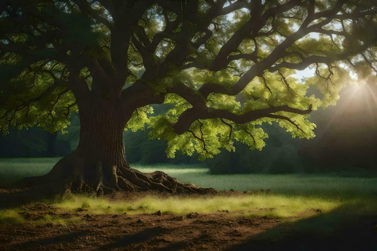 the sun shines through the tree in the middle of a field. AI-Generated photo