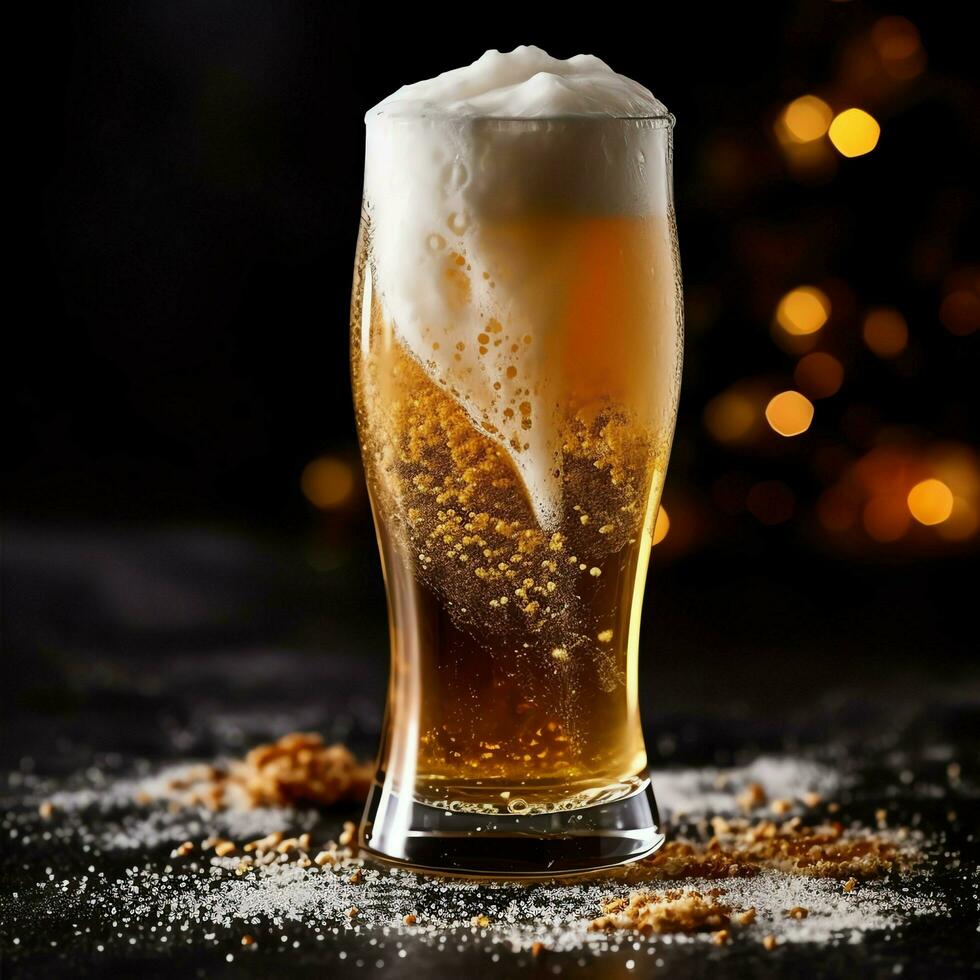 A glass of cold fresh beer with cap of foam. Splash of foam with tasty american beer. Beer day concept by AI Generated photo