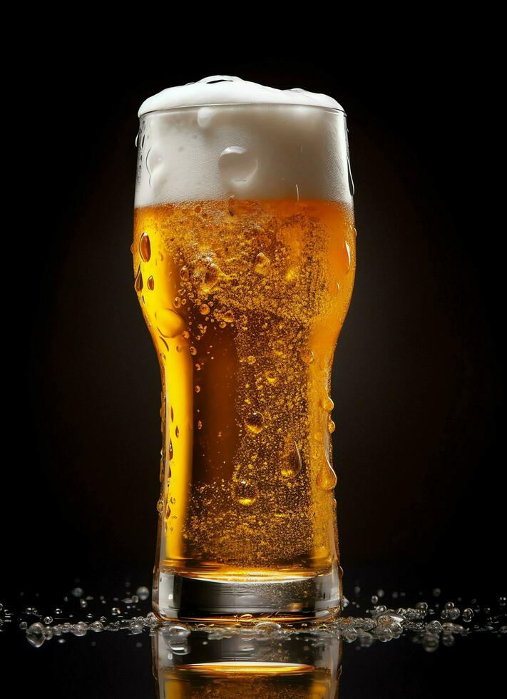 A glass of cold fresh beer with cap of foam. Splash of foam with tasty american beer. Beer day concept by AI Generated photo