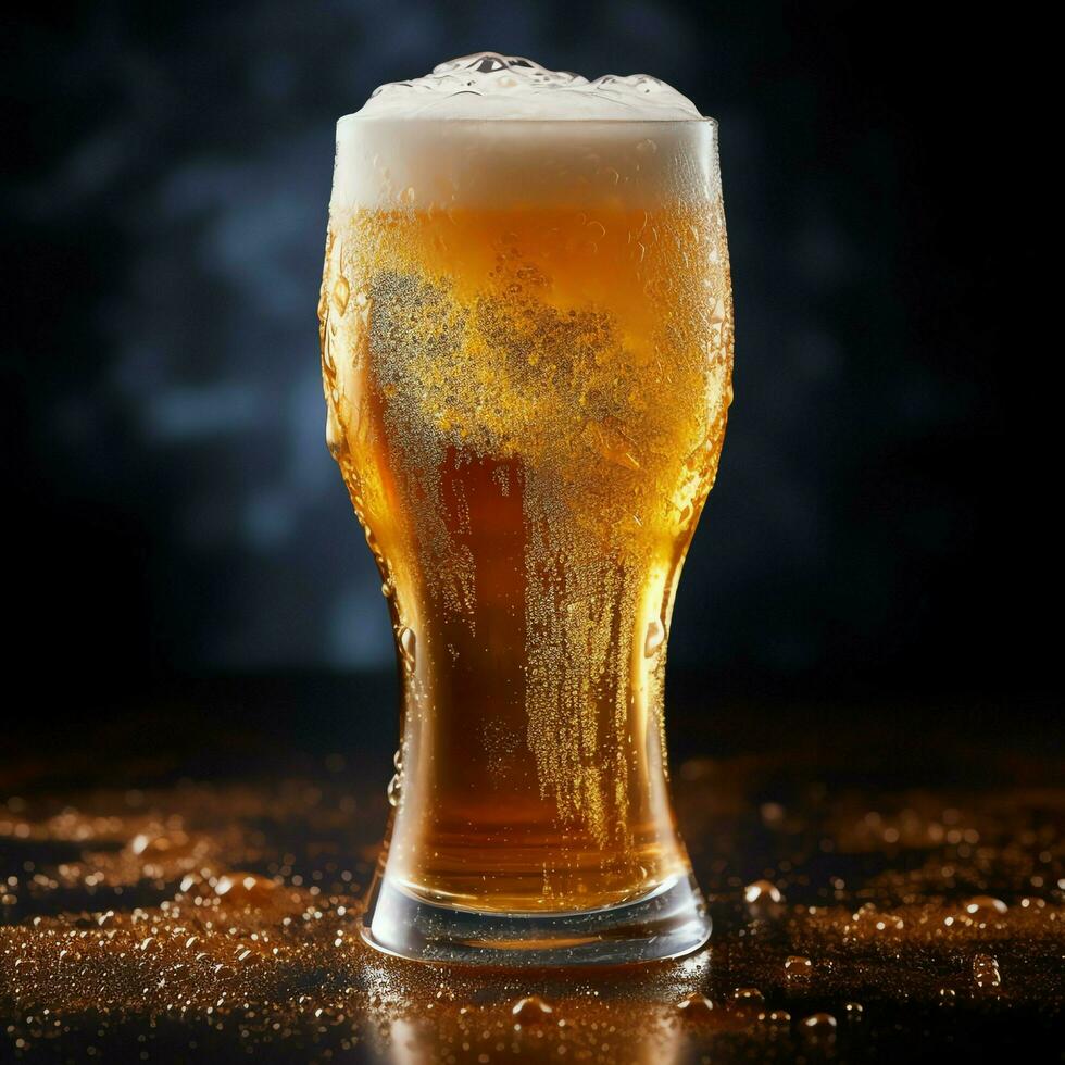 A glass of cold fresh beer with cap of foam. Splash of foam with tasty american beer. Beer day concept by AI Generated photo