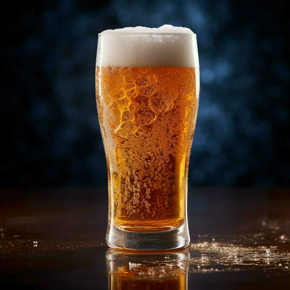 A glass of cold fresh beer with cap of foam. Splash of foam with tasty american beer. Beer day concept by AI Generated photo