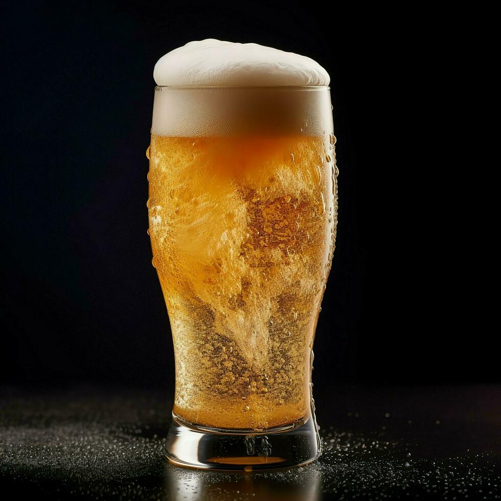 A glass of cold fresh beer with cap of foam. Splash of foam with tasty american beer. Beer day concept by AI Generated photo