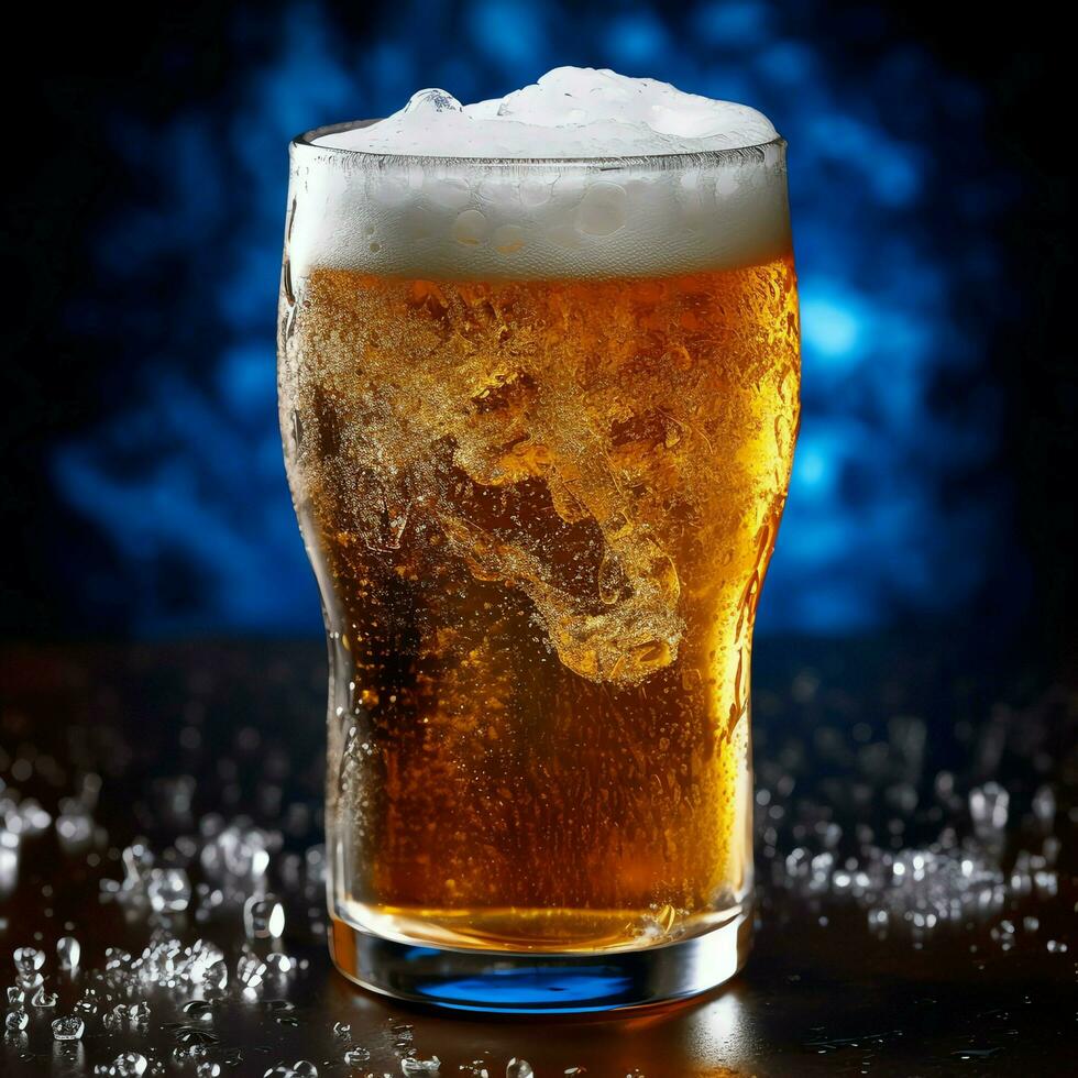 A glass of cold fresh beer with cap of foam. Splash of foam with tasty american beer. Beer day concept by AI Generated photo