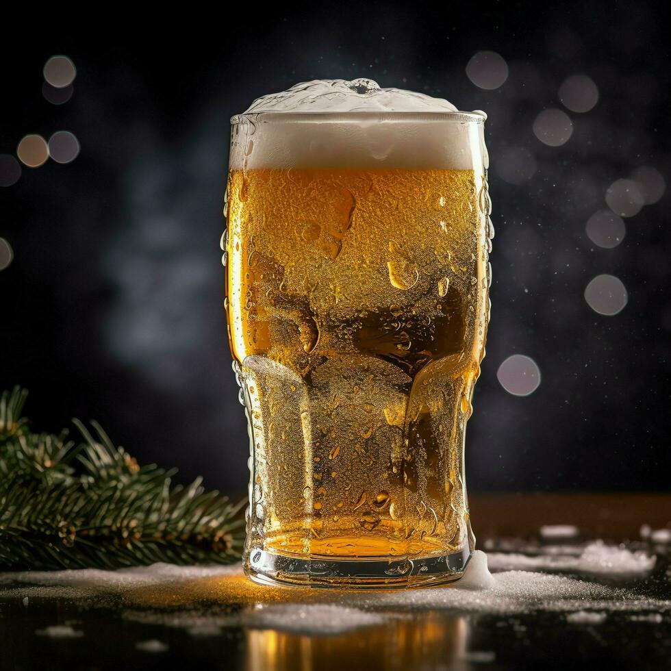 A glass of cold fresh beer with cap of foam. Splash of foam with tasty american beer. Beer day concept by AI Generated photo