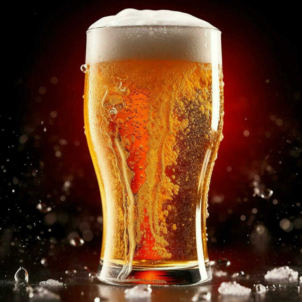 A glass of cold fresh beer with cap of foam. Splash of foam with tasty american beer. Beer day concept by AI Generated photo