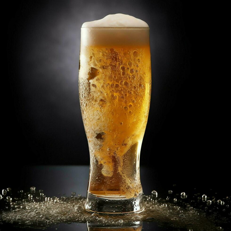 A glass of cold fresh beer with cap of foam. Splash of foam with tasty american beer. Beer day concept by AI Generated photo