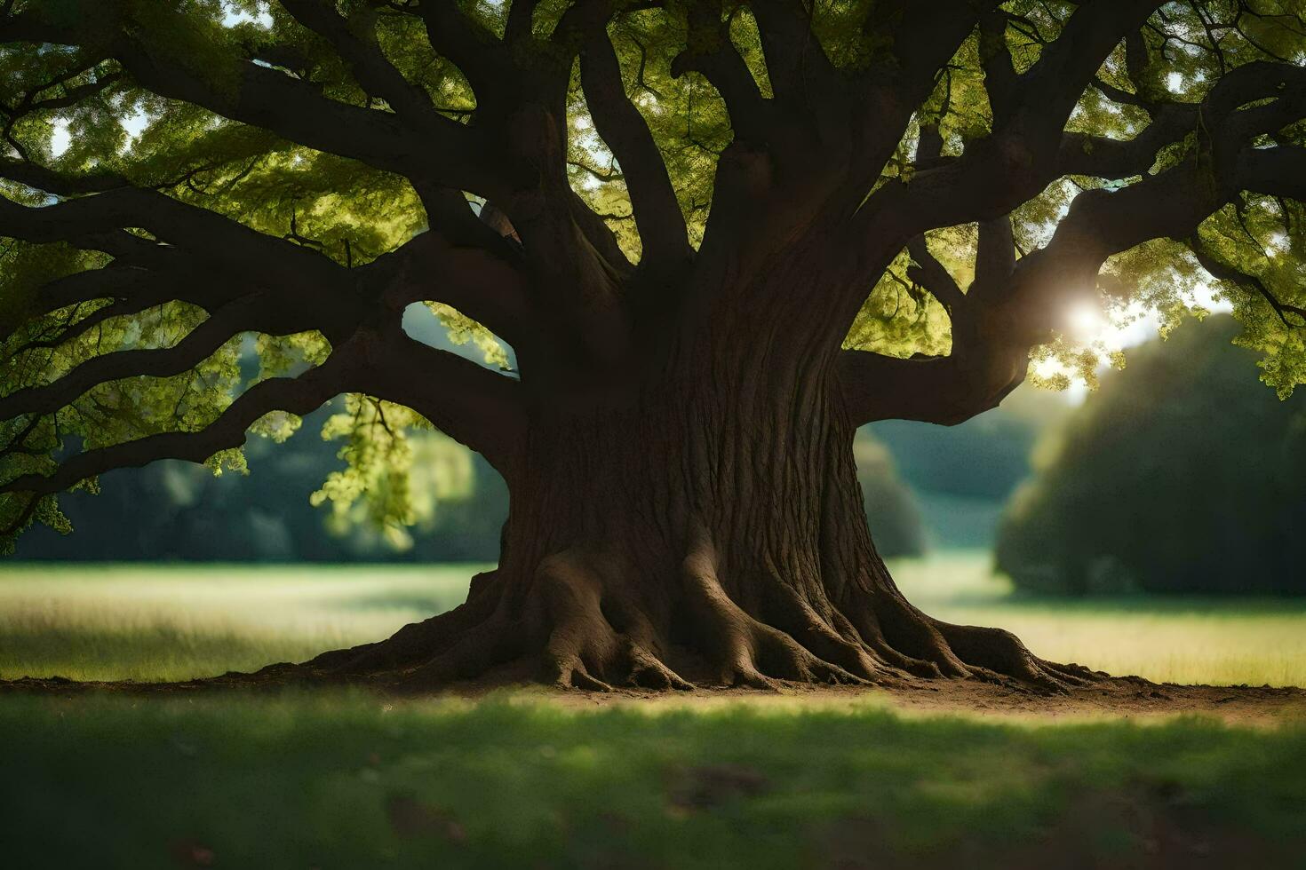 a large tree with roots in the grass. AI-Generated photo