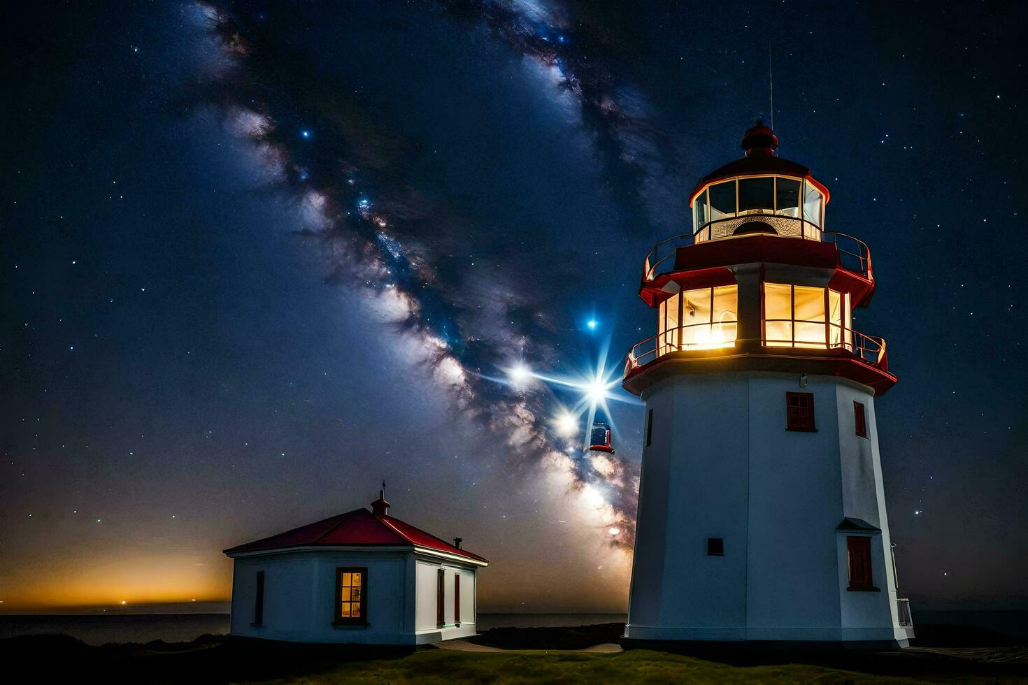 a lighthouse and a starry sky above it. AI-Generated photo