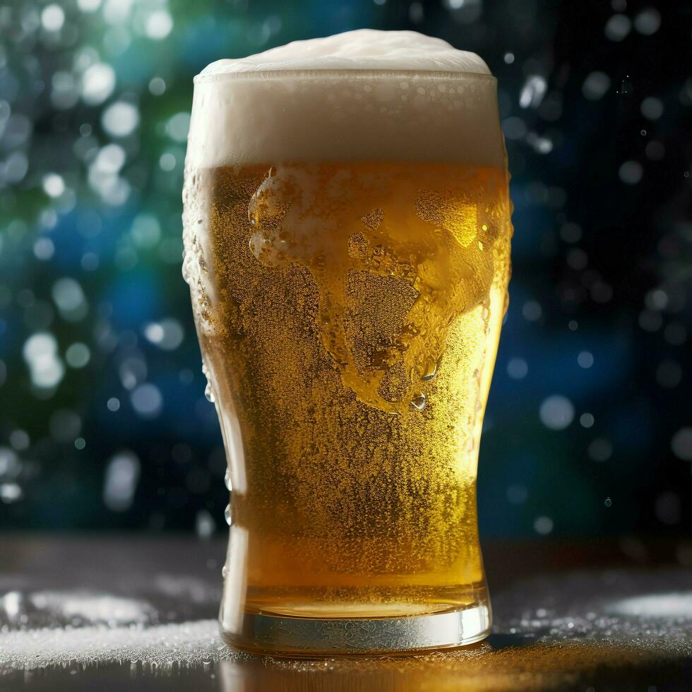 A glass of cold fresh beer with cap of foam. Splash of foam with tasty american beer. Beer day concept by AI Generated photo