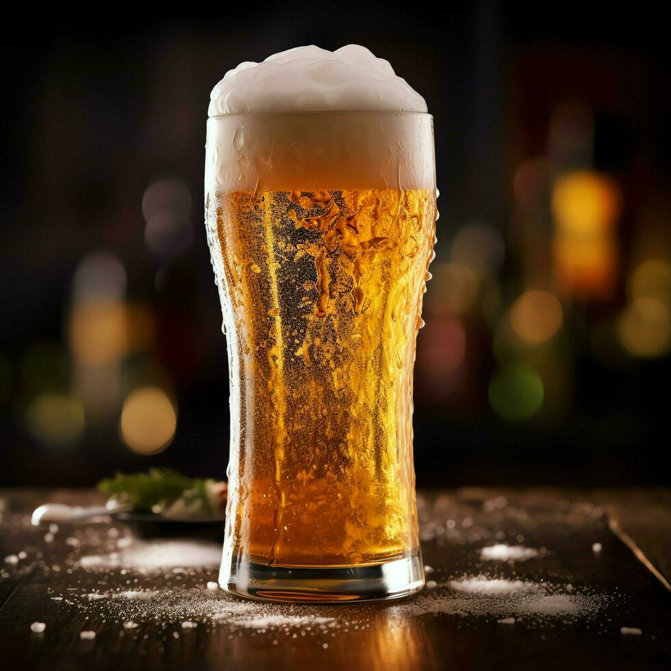 A glass of cold fresh beer with cap of foam. Splash of foam with tasty american beer. Beer day concept by AI Generated photo