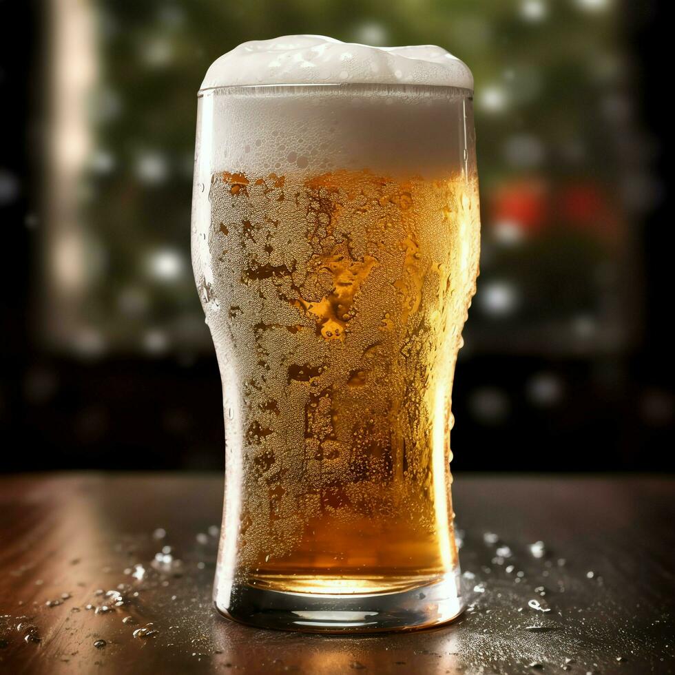 A glass of cold fresh beer with cap of foam. Splash of foam with tasty american beer. Beer day concept by AI Generated photo