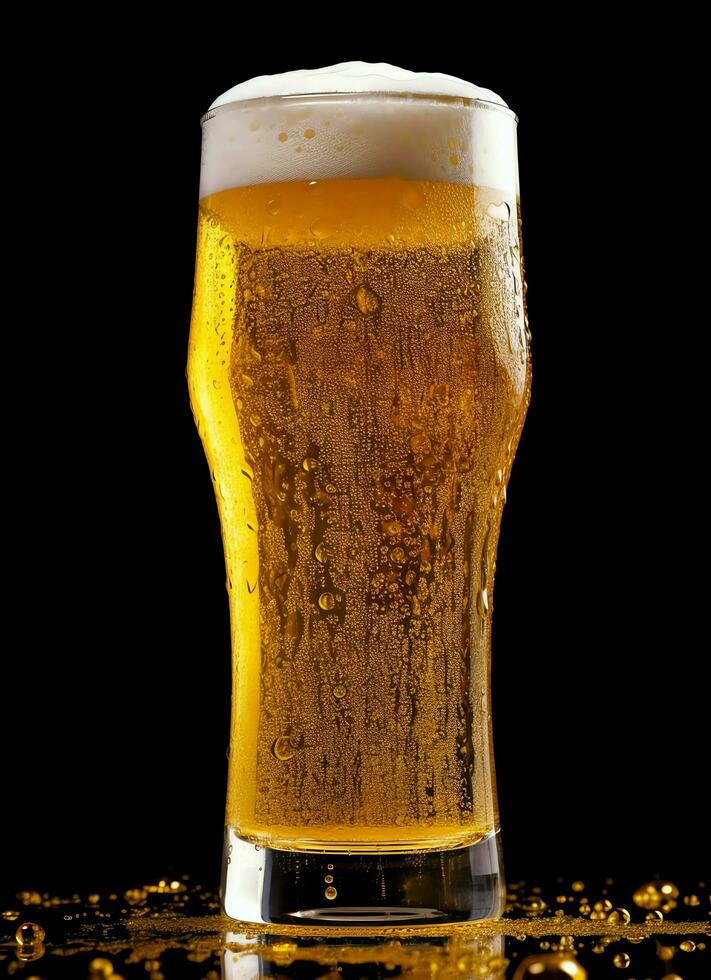 A glass of cold fresh beer with cap of foam. Splash of foam with tasty american beer. Beer day concept by AI Generated photo