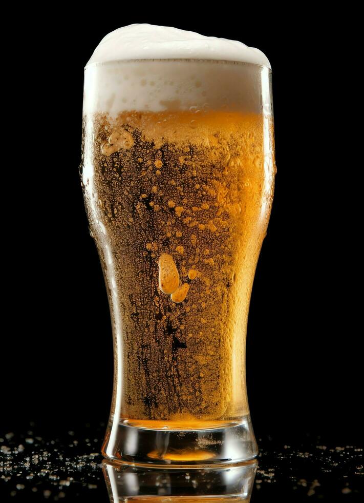 A glass of cold fresh beer with cap of foam. Splash of foam with tasty american beer. Beer day concept by AI Generated photo