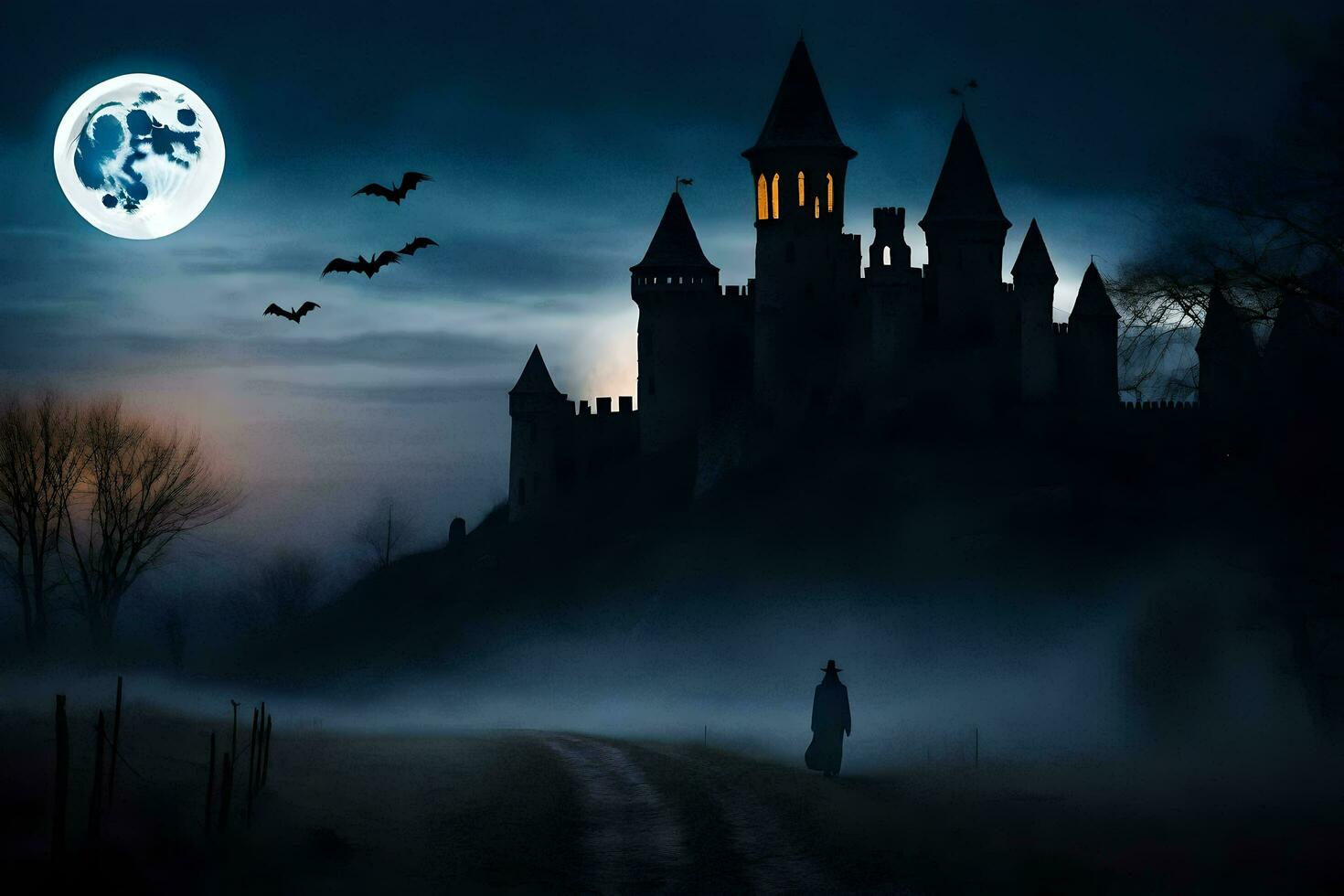 halloween castle with bats flying over it at night. AI-Generated photo